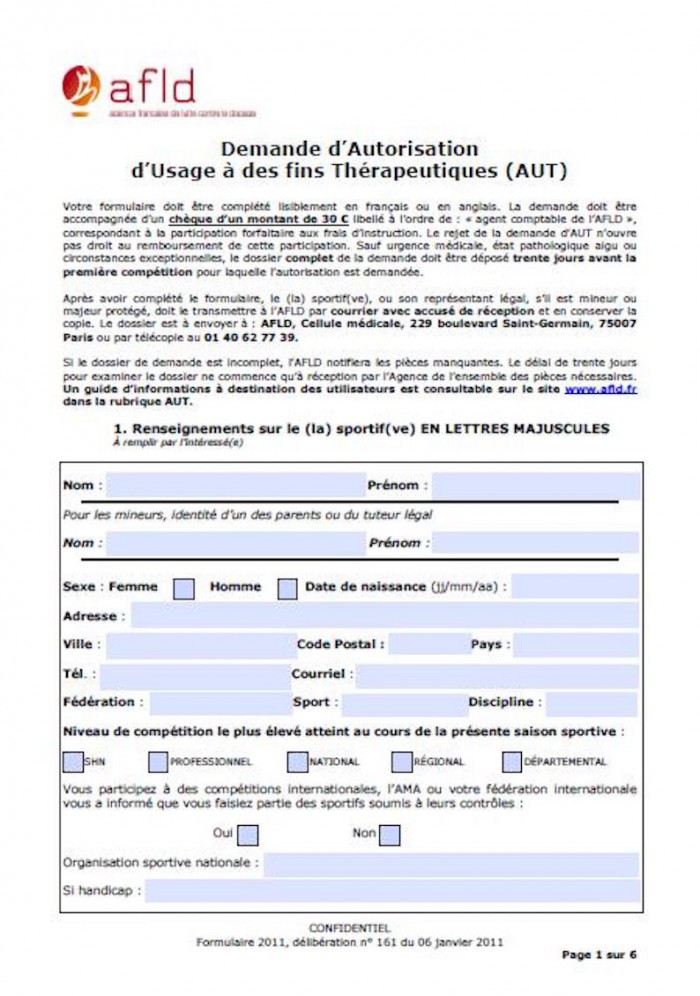 Exemple d'AUT délivré par l'AFLD